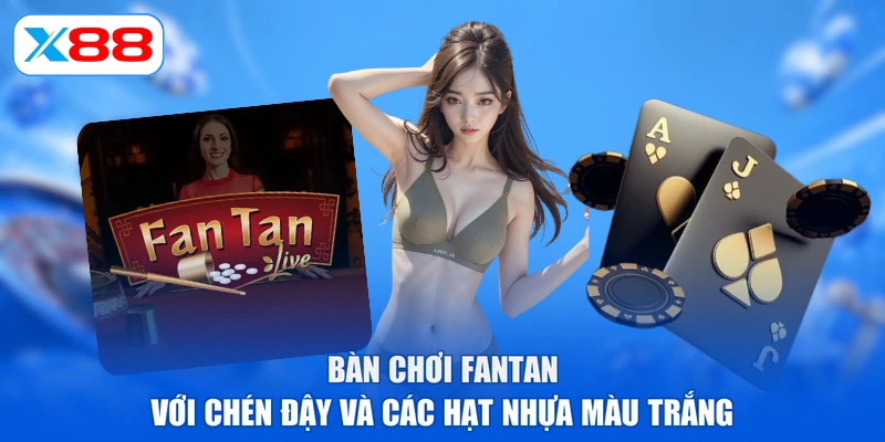 Bàn chơi fantan với chén đậy và các hạt nhựa màu trắng